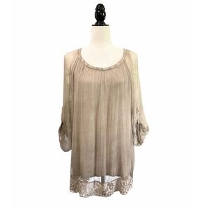 Amanti Tunic Top 100% Silk Lace Trim Detail Made In Italy Taupe Women's‎ Size L